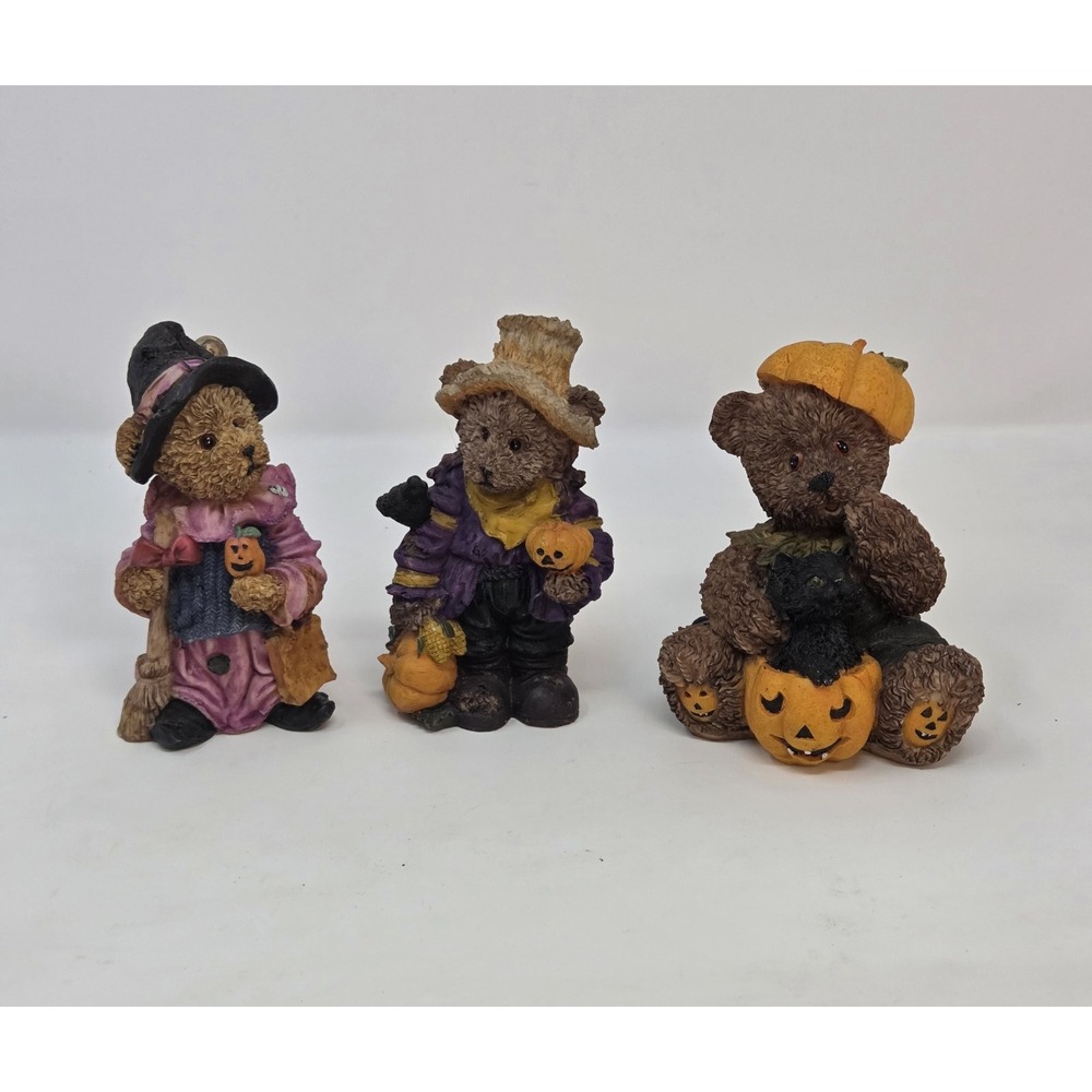 Halloween Resin Bear Figurines Set of 3 Witch Scarecrow Pumpkin Black Cat Decor